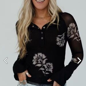 Three Birds Nest Floral Black Long Sleeve Top Large NWOT